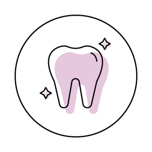 Illustration of a pink tooth with sparkles around it.
